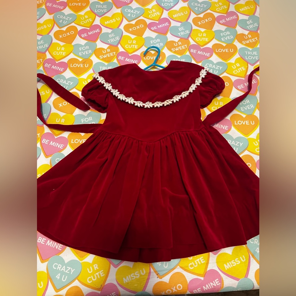 Vintage red velvet dress. Lace trim on neck